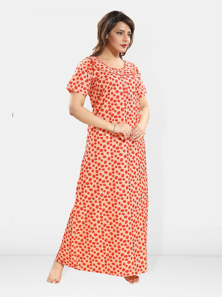 Be You Polka Dots Printed Round Neck Pure Cotton Maxi Nightdress