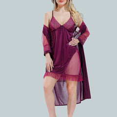 Be You Solid Lace Details Satin Nighty with Robe