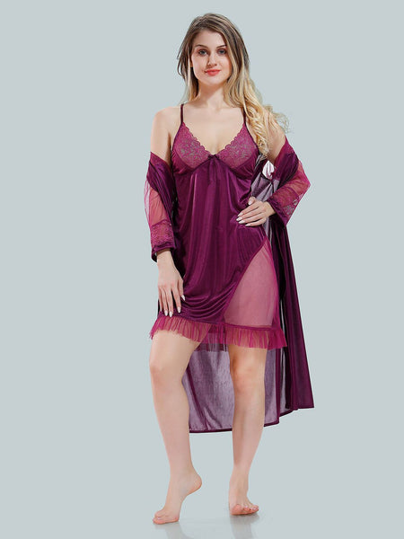 Be You Solid Lace Details Satin Nighty with Robe