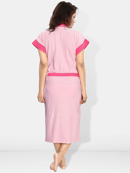 Be You Two-Tone, Fashion Pink Solid Cotton Drawstring Knee Length Bath Robe-L/XL