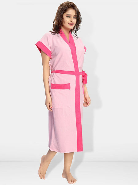 Be You Pink Solid Cotton Drawstring Knee Length Bath Robe-L/XL