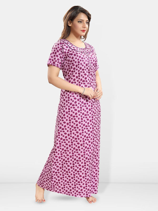 Be You Polka Dots Printed Round Neck Pure Cotton Maxi Nightdress
