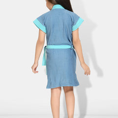 Be You Two-Tone Blue Solid Cotton Drawstring Knee Length Bath Robe