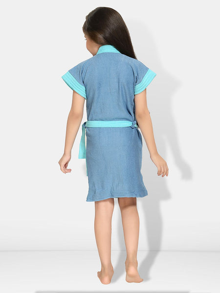 Be You Two-Tone Blue Solid Cotton Drawstring Knee Length Bath Robe