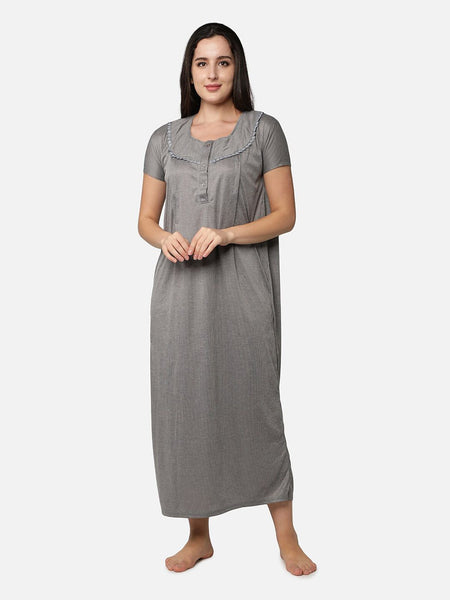 Be You Women Grey Printed Maxi Maternity Nightdress