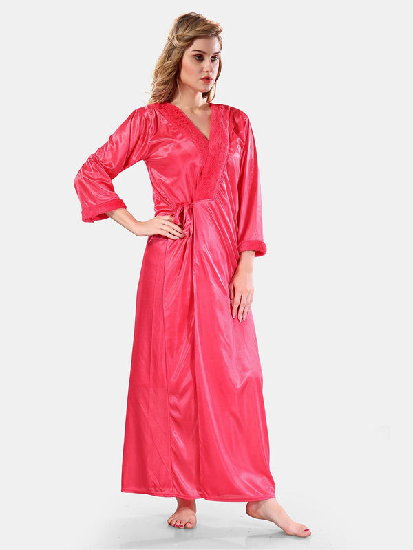 Be You V-Neck Lace Up Details Satin Maxi Nightdress With Robe