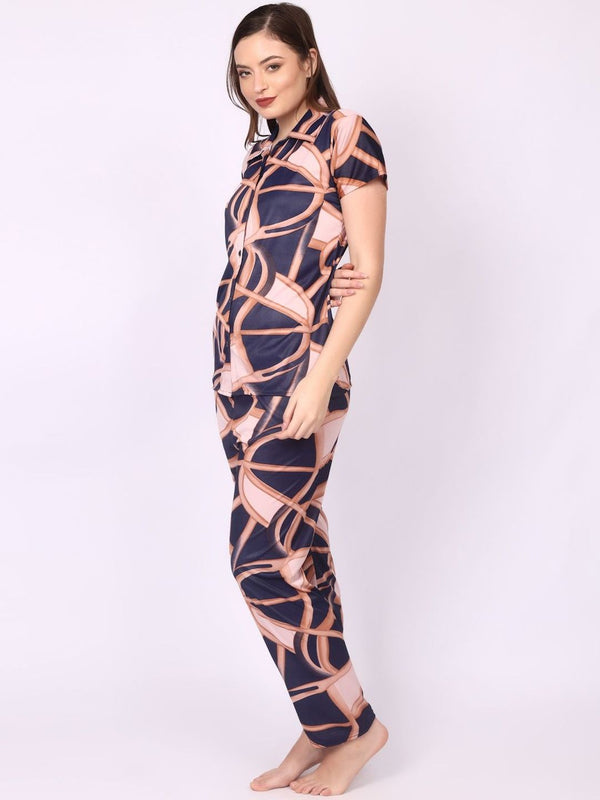 Be You Women Satin Geomatric Print Printed Night suit