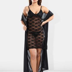 Be You Shoulder Straps Laced Nightdress With Satin Robe And Briefs