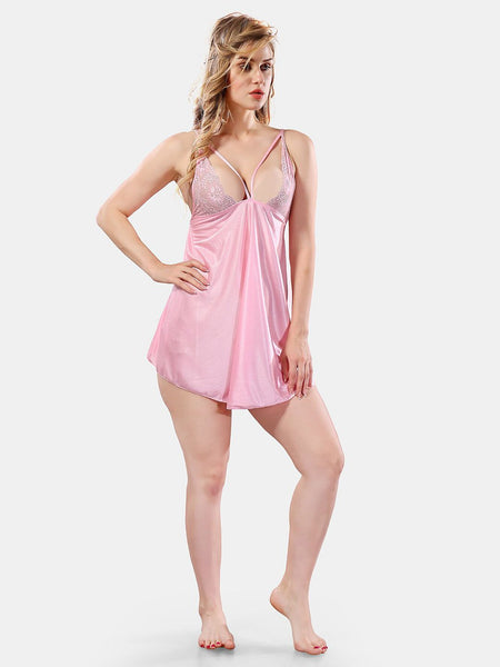 Be You Solid Lace Details Satin Nighty with Robe