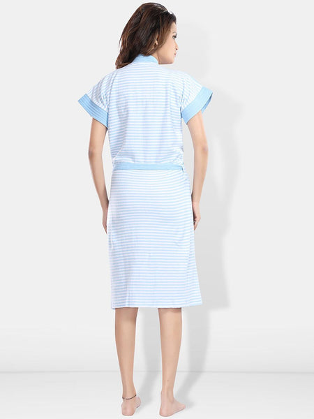 Be You Blue Solid Cotton Drawstring Knee Length Bath Robe-2XL