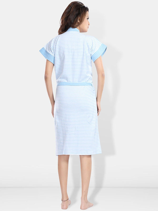 Be You Blue Solid Cotton Drawstring Knee Length Bath Robe-2XL
