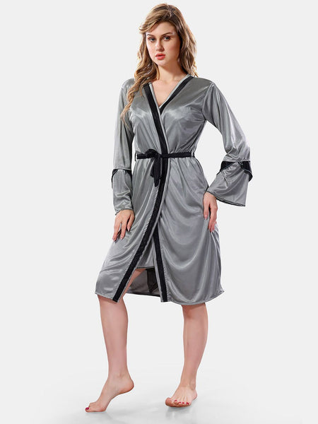 Be You Solid Lace Details Satin Nighty with Robe