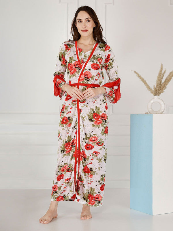 Be You Floral Printed Shoulder Straps Satin Maxi Nightdress With Robe