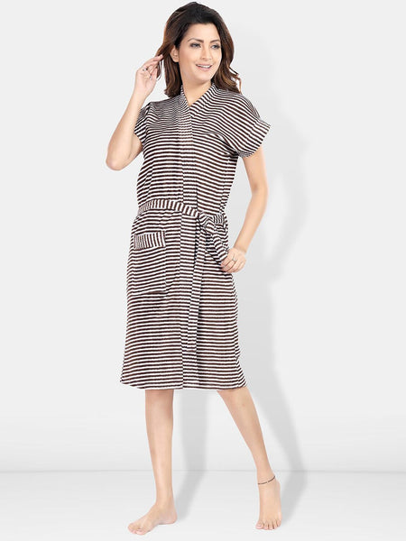 Be You Brown Striped Cotton Drawstring Knee Length Bath Robe-2XL