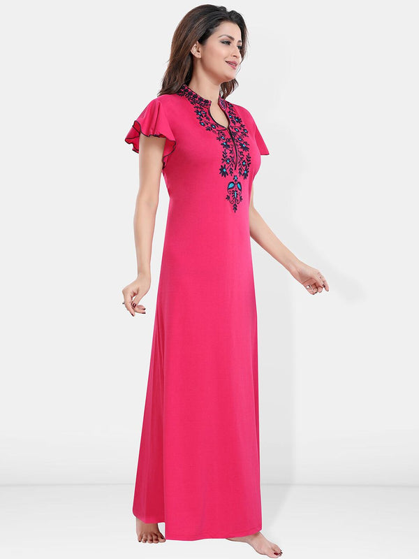 Be You Floral Embroidered Mandarin Collar Maxi Sweat Nightdress