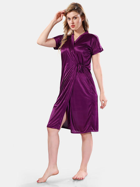 Be You Solid Lace Details Satin Nighty with Robe