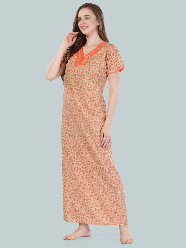 Be You Women Orange Printed Maxi Nightdress
