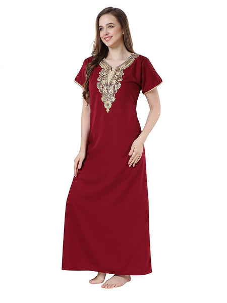Be You Maroon Embroidered Maxi Nightdress