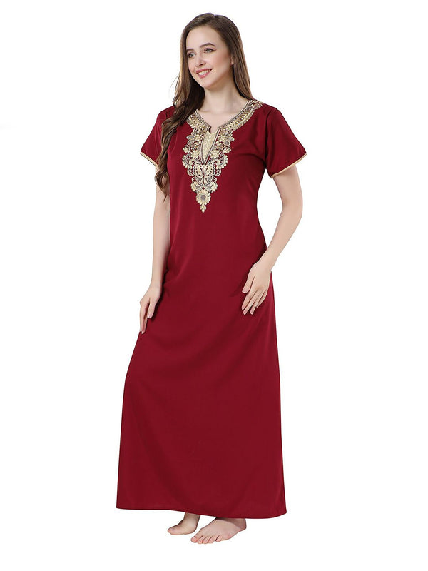Be You Maroon Embroidered Maxi Nightdress