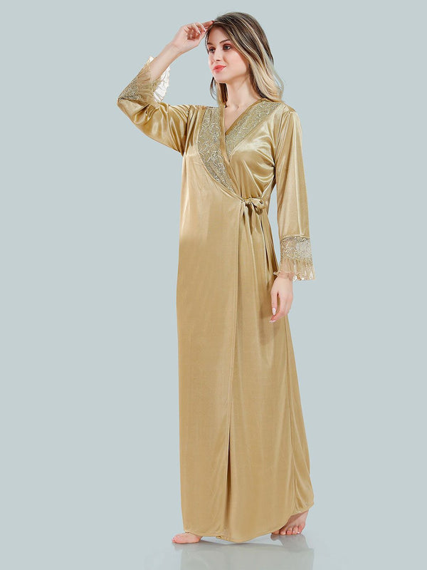 Be You V Neck Lace Up Details Satin Nightdress With Robe