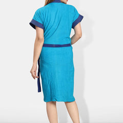 Be You Blue Solid Cotton Drawstring Knee Length Bath Robe-L/XL