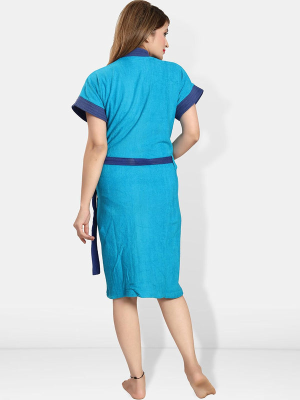 Be You Blue Solid Cotton Drawstring Knee Length Bath Robe-L/XL
