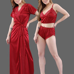 Be You Women  Maroon  Solid Satin 3 Piece Nightwear Set