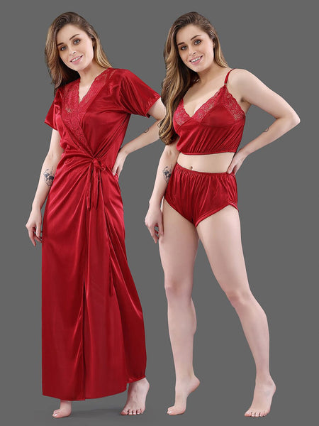 Be You Women  Maroon  Solid Satin 3 Piece Nightwear Set