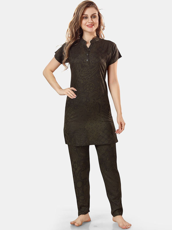 Be You Ethnic Motifs Printed Mandarin Collar Longline Night Suit