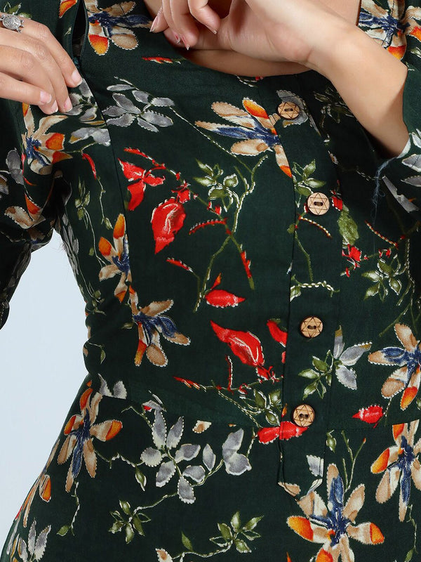 Be You Floral Printed Round Neck Maternity Straight Kurta