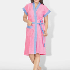 Be You Two-Tone Pink Solid Cotton Drawstring Knee Length Bath Robe-L/XL