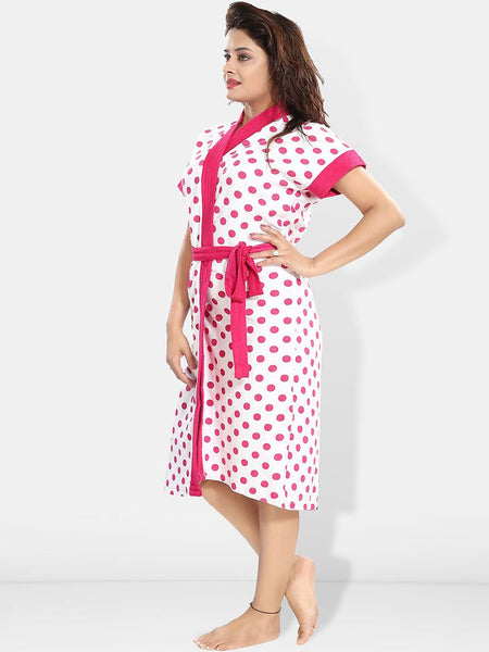 Be You Women Polka Dots Printed Terry Cotton Bath Robe With Belt