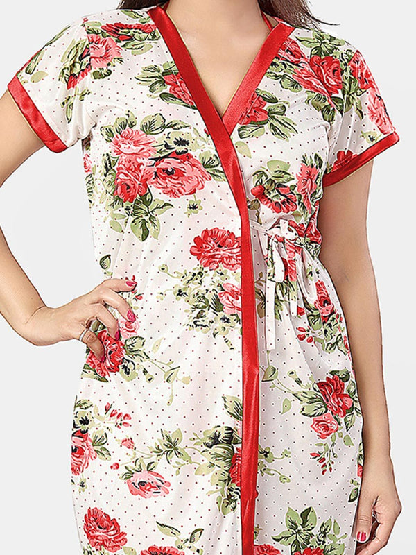 Be You Women Floral Printed Satin Robe & Lingerie Set Nightdress