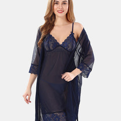 Be You Net Above Knee Length Nightdress With Robe