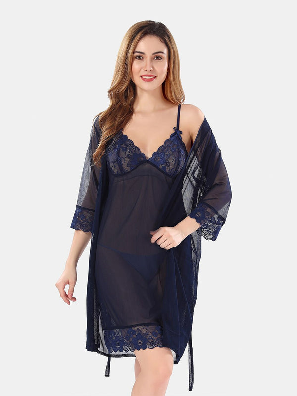 Be You Net Above Knee Length Nightdress With Robe