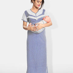 Be You Striped Round Neck Satin Maternity Maxi Nightdress