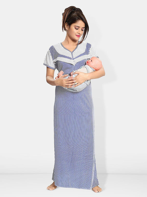 Be You Striped Round Neck Satin Maternity Maxi Nightdress