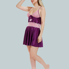 Be You Solid Lace Details Satin Nighty with Robe