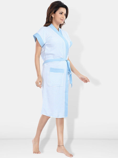 Be You Blue Solid Cotton Drawstring Knee Length Bath Robe-2XL