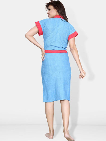 Be You Blue Solid Cotton Drawstring Knee Length Bath Robe