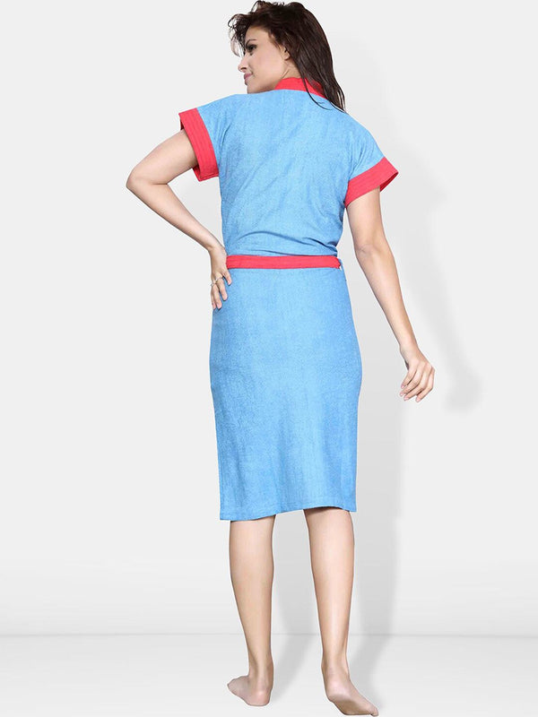 Be You Blue Solid Cotton Drawstring Knee Length Bath Robe