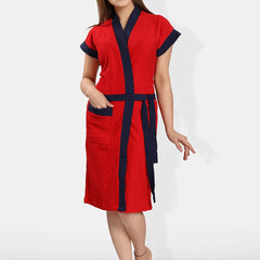 Be You Red Solid Cotton Drawstring Knee Length Bath Robe-L/XL