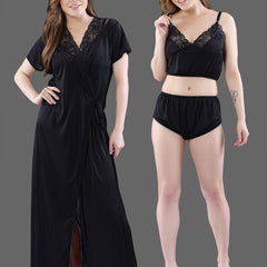 Be You  Women Black Solid Satin 3 Piece Nightwear Set