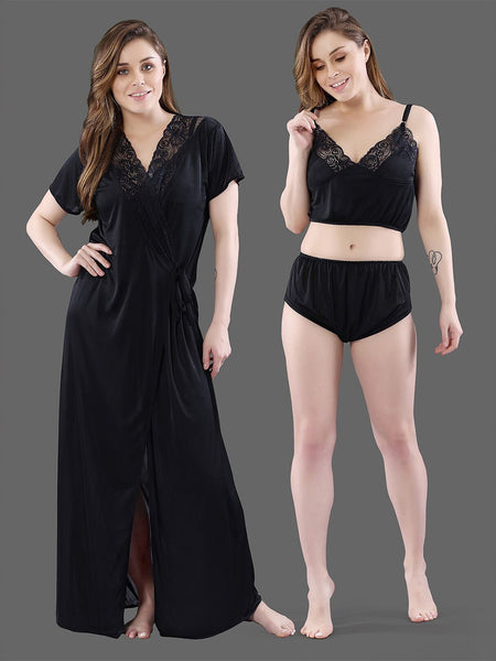 Be You  Women Black Solid Satin 3 Piece Nightwear Set
