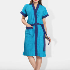 Be You Blue Solid Cotton Drawstring Knee Length Bath Robe-L/XL