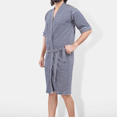 Be You Navy Blue Striped Cotton Drawstring Knee Length Bath Robe-3XL
