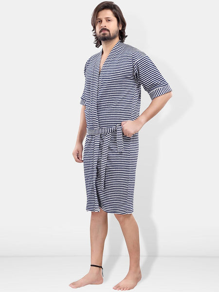 Be You Navy Blue Striped Cotton Drawstring Knee Length Bath Robe-3XL