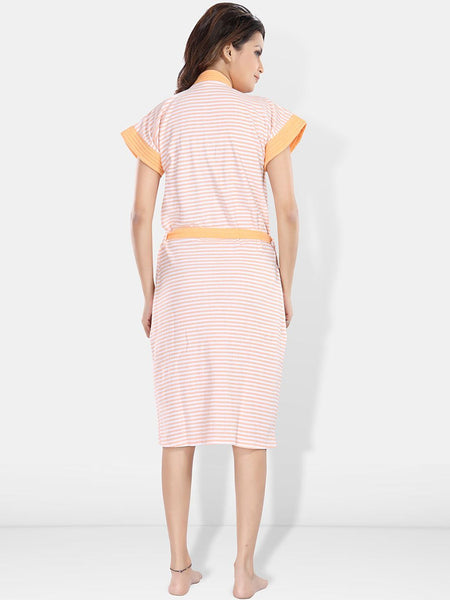 Be You Peach Striped Cotton Drawstring Knee Length Bath Robe-2XL
