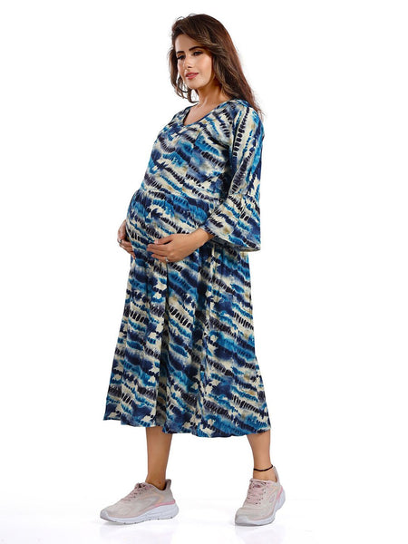 Be You Tie and Dye Printed Round Neck Bell Sleeves Maternity Fit & Flare Midi Dress