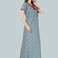 Be You Women Blue Printed Maxi Nightdress